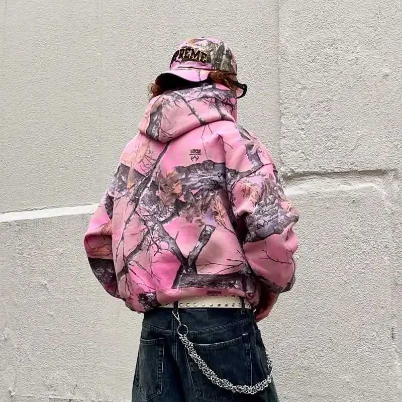 Y2K Retro Zip Up Hoodie Pink Branch Camo Print Pattern Sweatshirt Streetwear Harajuku Trendy Casual Camouflage Unisex Boxy Coat W250530