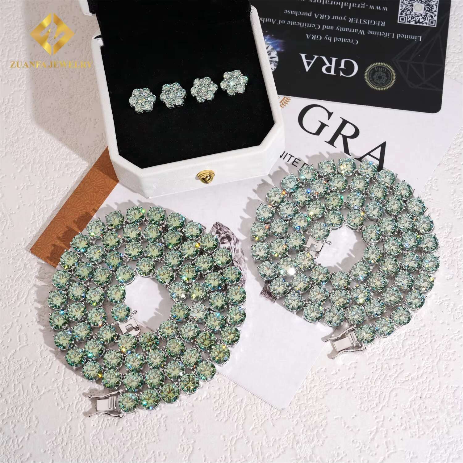 Ready Shipping 6.5mm Blue Green Moissanite Tennis Necklace with Earring Set Fashion 925 Silver Iced Out Moissanite Tennis Chain