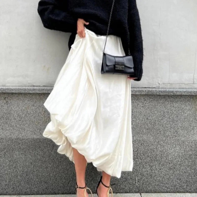 Tuularose Womens White Long Skirt Summer Fashion Casual Solid High Waisted Loose Skirt Elegant Patchwork Female Long Skirt 250527