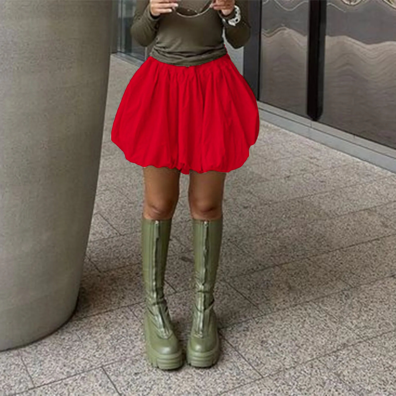 Womens Summer High Waist Sweet Mini Lantern Skirt Casual Loose Fitting Elastic Waist Solid Color Short Pufll Skirt 250527