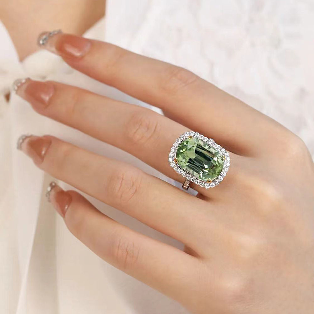 10*14mm 8CT tourmaline green S925 sterling silver emerald cut high carbon diamond unique interface ring hot-sell celebrity style trendy designer preci