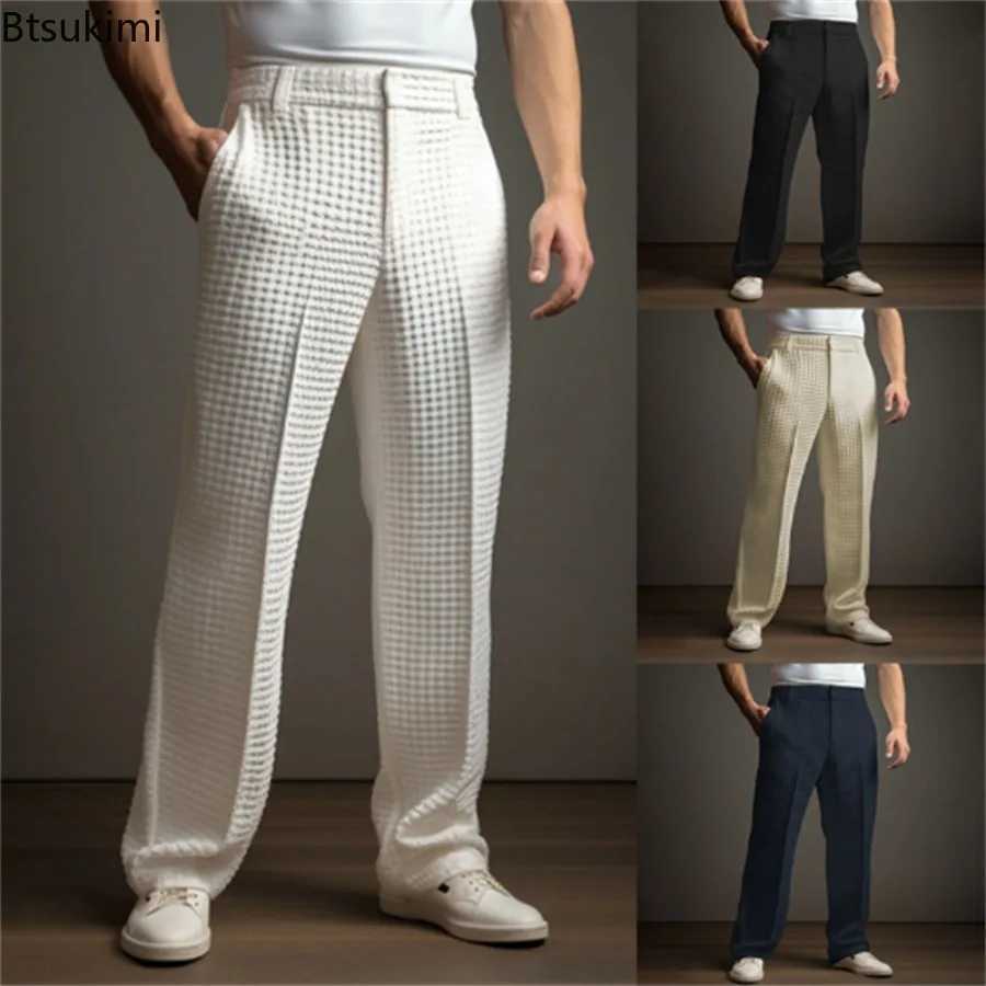 New 2025 Mens Elegant Waffle Suit Pants Solid Loose Straight Trousers Business Social Dress Pants Casual Vacation Pants for Men W250530