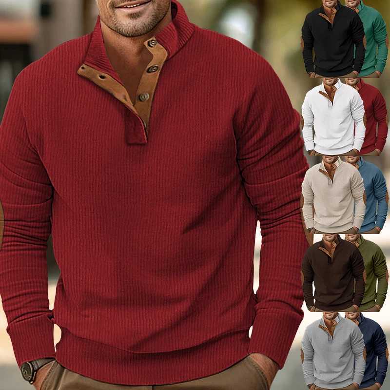 Autumn and winter mens casual stand collar long sleeve hoodie T-shirt corduroy matching color outdoor pullover hoodie W250530