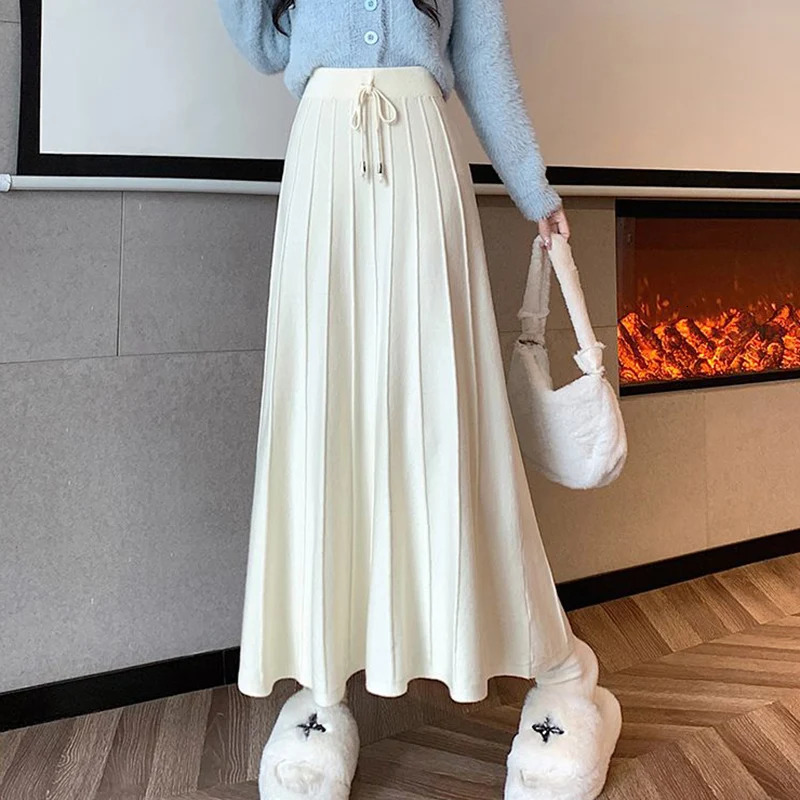 Rimocy Vintage Knitted Long Skirts for Women Winter High Waist Sweater Pleated Skirt Woman Solid Color All Match A Line Skirts 250527