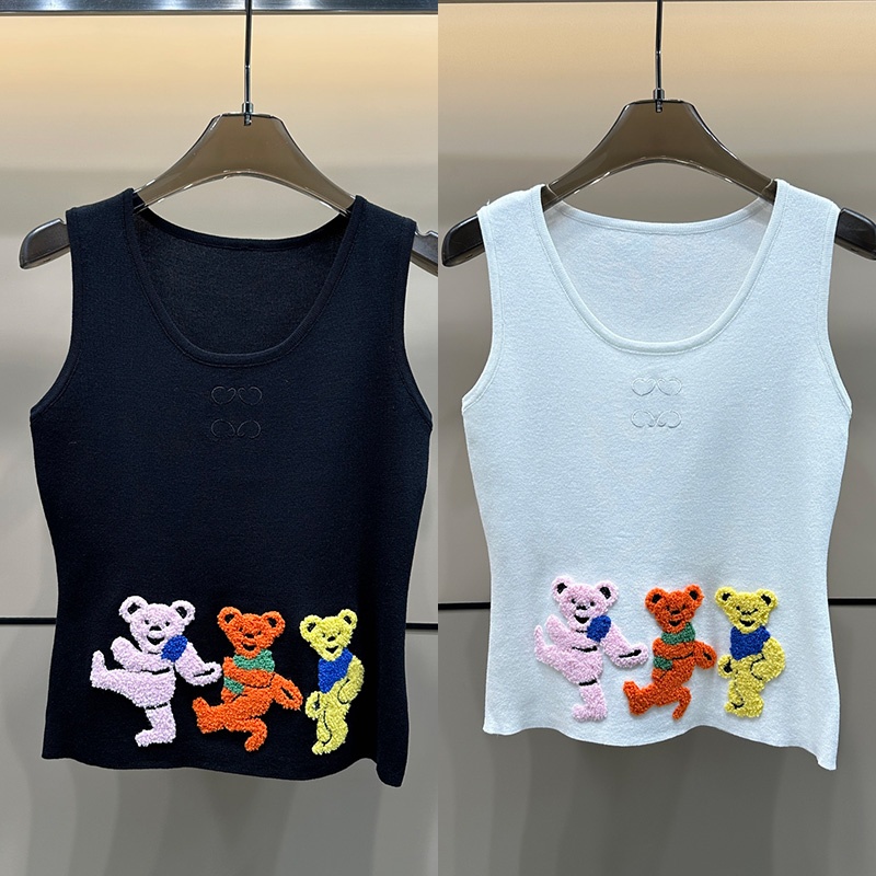 Fashion Embroidered Crop Tops Women Summer Black White Knit Camisole Fashion Sleeveless Thin Tank Tops