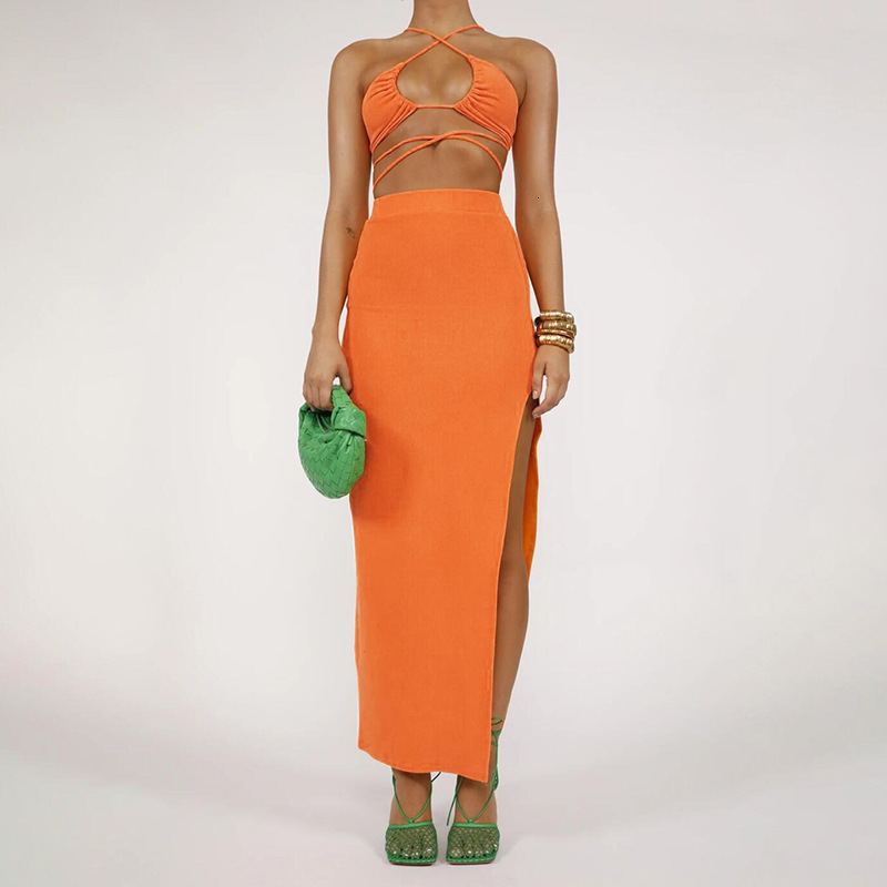 Halter Crop Top And Skirt Set Sexy Women Outfits Summer Dress Sets Cami Top Two Piece Set Skirt Elegant Party Club Outfits 210714