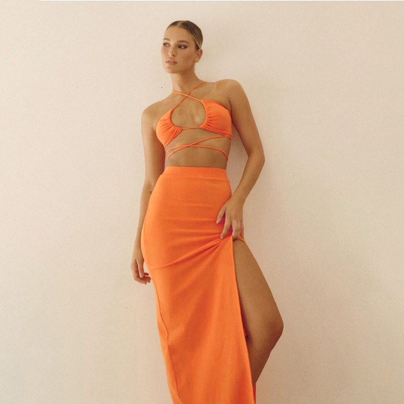 Halter Crop Top And Skirt Set Sexy Women Outfits Summer Dress Sets Cami Top Two Piece Set Skirt Elegant Party Club Outfits 210714