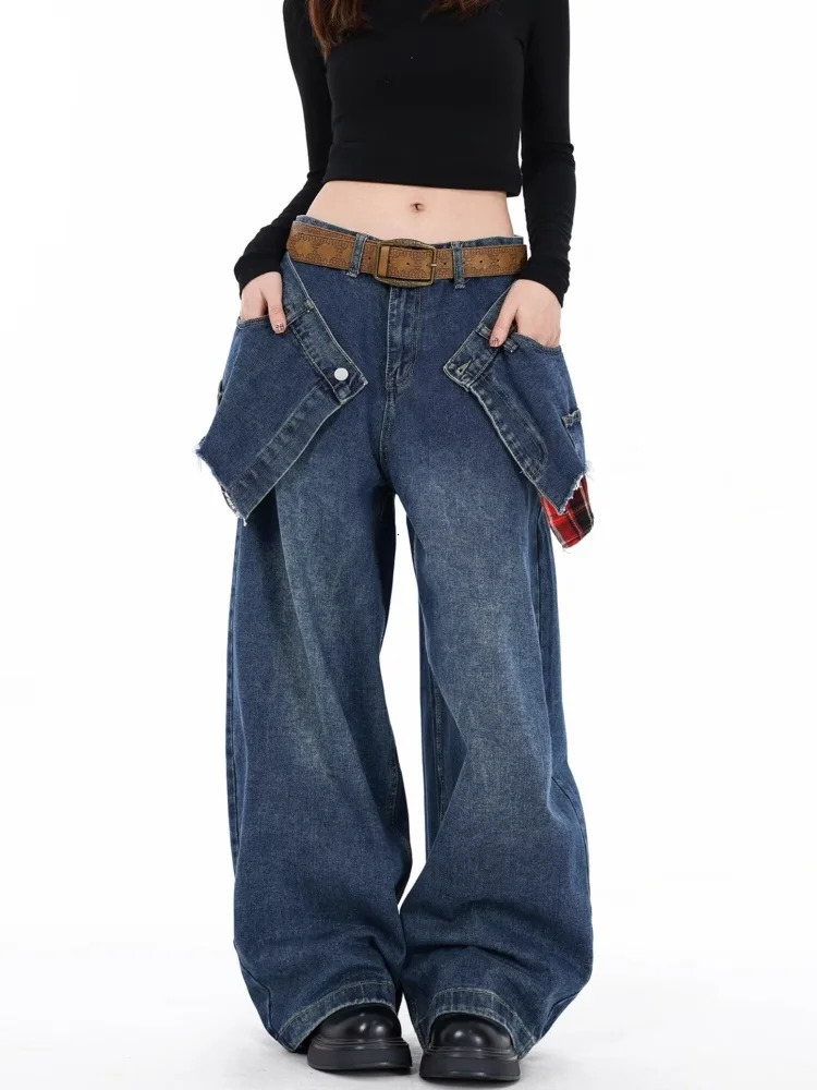 Ropa Y2K Streetwear Plaid Patchwork Baggy Stacked Jeans Pants For Women Clothing Vintage Blue Wide Leg Lady Denim Trousers 250530