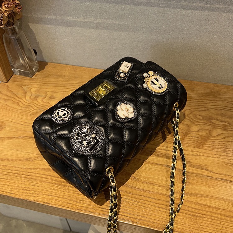 Free Shipping Designer Bag Hong Kong Purchasing Sheepskin Women's Bag New Fashion Badge Chain Small Square Bag High-end Sense Small Chanel Style 