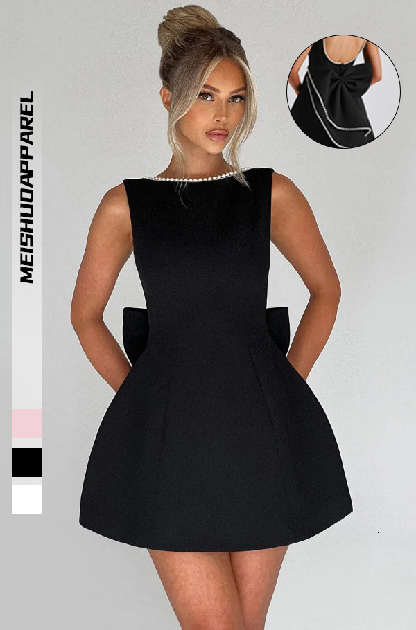 designer dress summer women's fashion pearl bowknot slim fit short backless hot girl aline dress dresses for woman