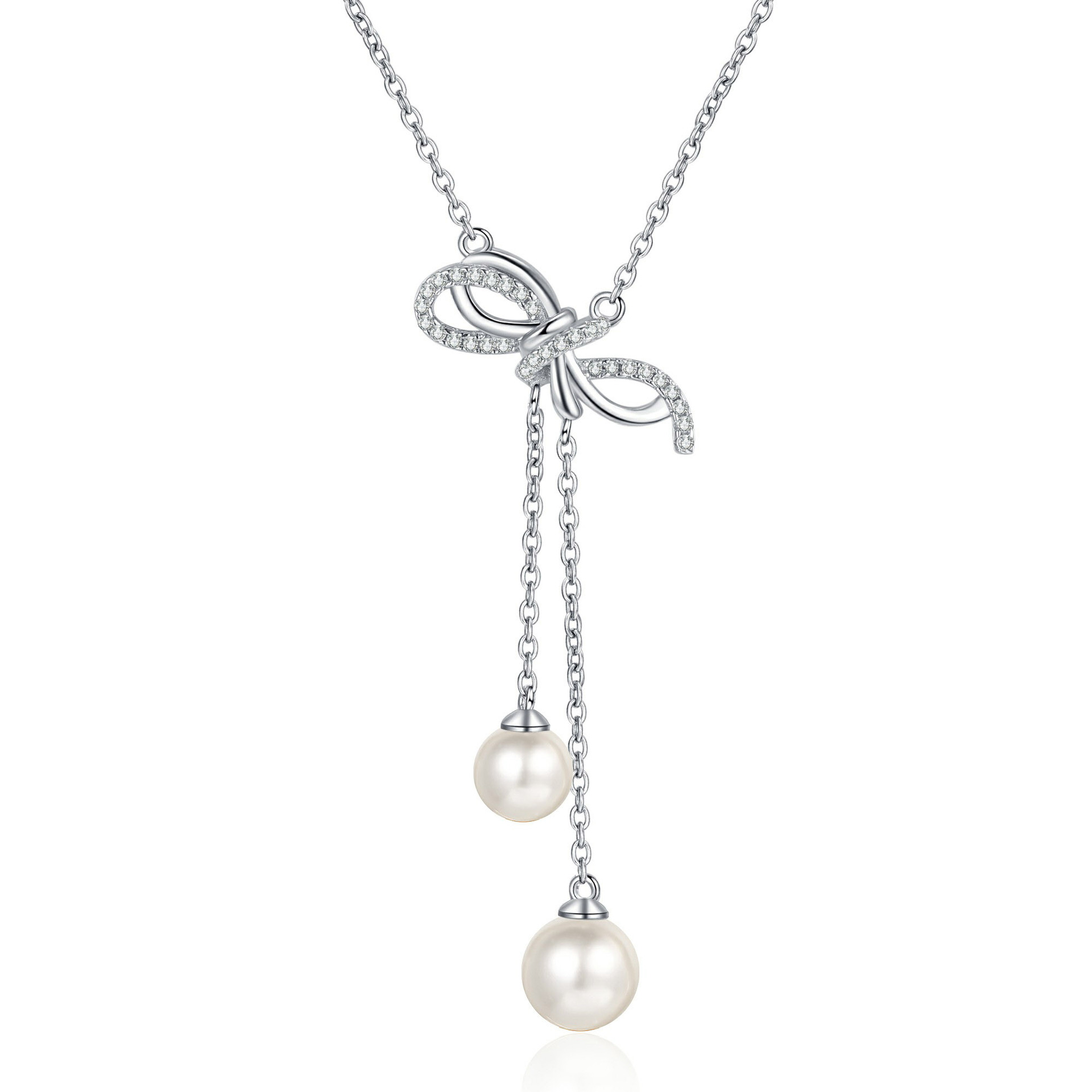 925 Sterling Silver Moissanite Bow Necklace with Natural Freshwater Pearls Tassel Pendant Elegant Minimalist Clavicle Chain
