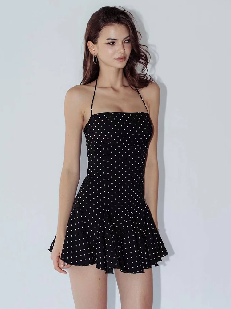 Nibber Polka Dot Print Dress Women Halter Backless Skinny Folds Elegant Temperament Party Fashion Summer Classic Mini Bodycon 250530