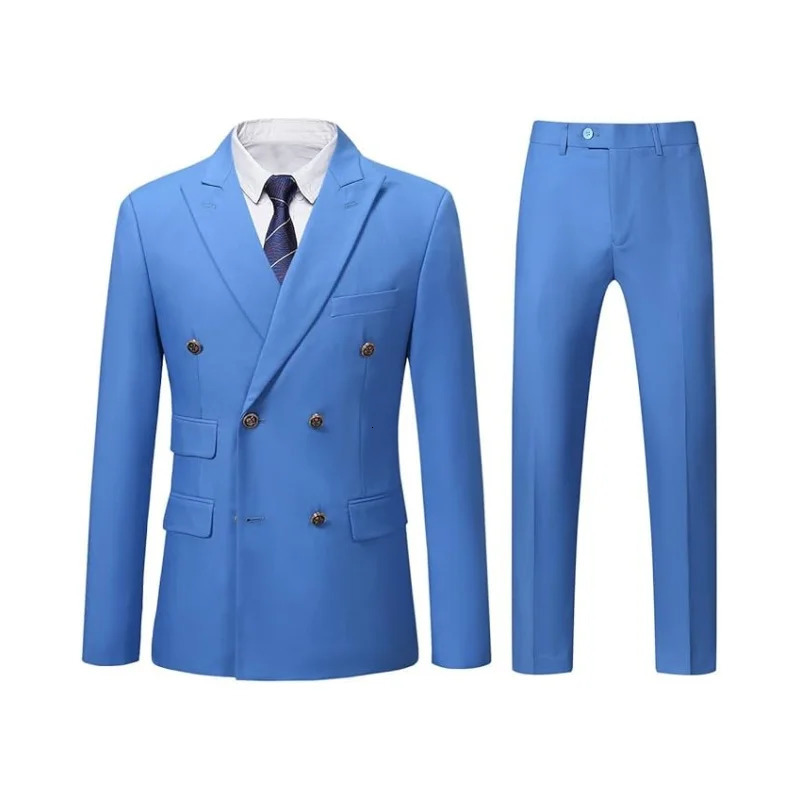 Mens Double-Breasted Suit 2-Piece Suits with Lapels Slim Fit Jacket Trousers for Wedding Business 250527