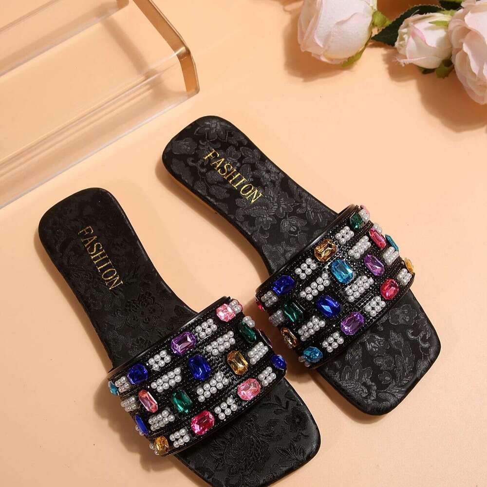 Designer Sandals Large Colorful Gemstone One Word Casual Flat Slippers Summer 2025 Outdoor Fashion Beach Slippers Female Designer Sandals