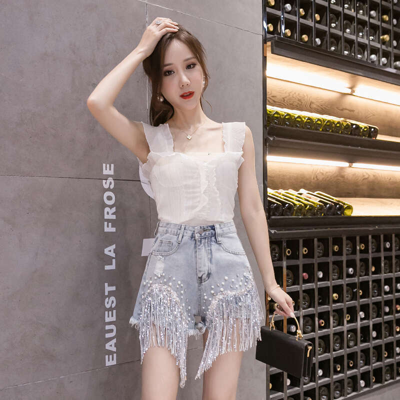 Shorts Women Denim Shorts Summer New Denim Shorts For Women Internet Celebrity Style High Waist Rhinestone Embellished Heavy Tassel Line Wide Leg Tren