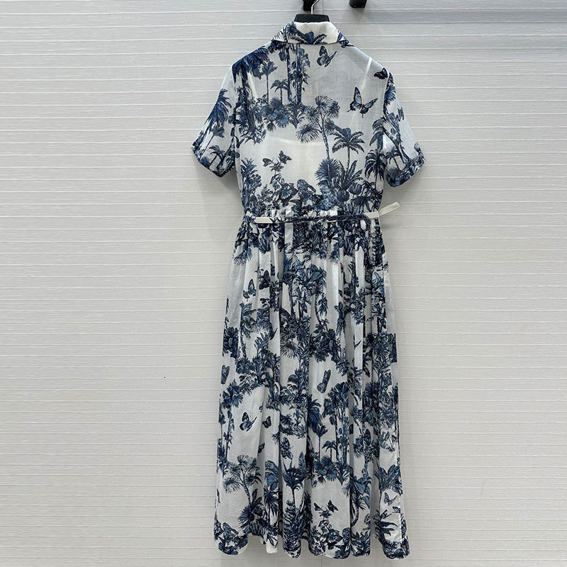 Summer Lady Shirt Collar Short Sleeve Dresses Vacation Style Luxury Single Breasted Waist Up Pure Cotton Gown Retro Classic Clothing