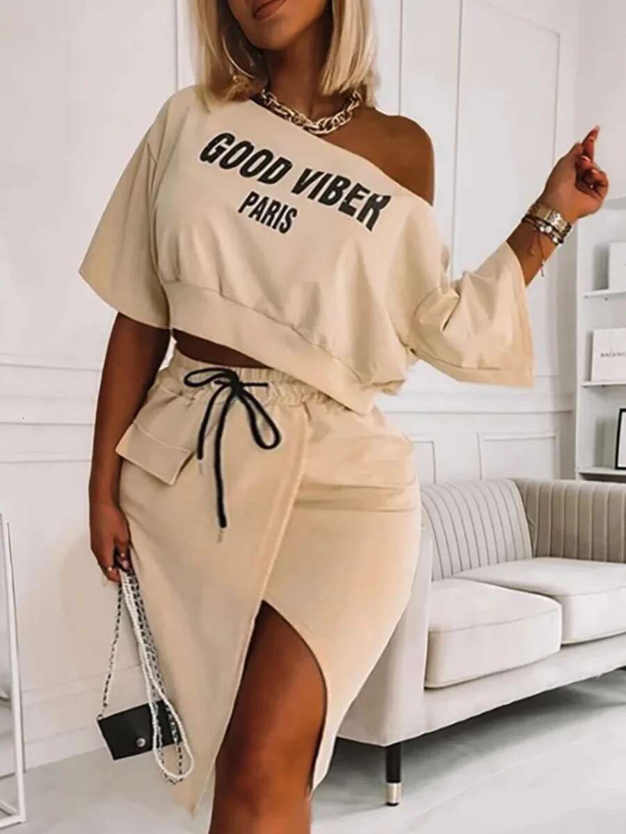 Plus Size Letter Print Drawstring High Split Dress Summer Streetwear Print Dresses For Women Female Elegant Maxi dress