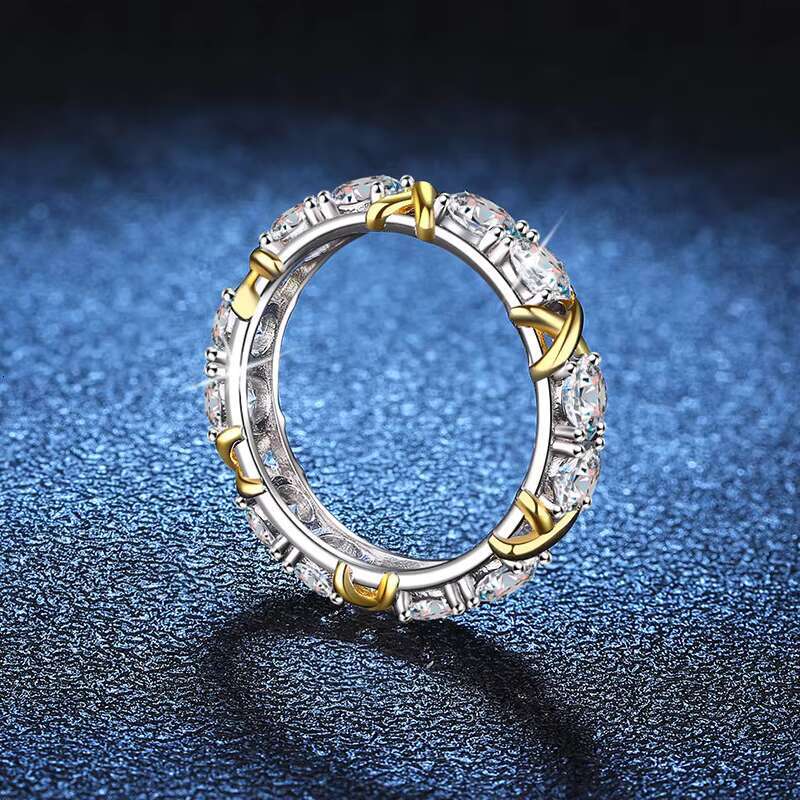 S925 Pure Silver Moissanite Ring Elegant Two-Tone Eternity Band Design Classic Cross Two-Color Row Proposal Weddings