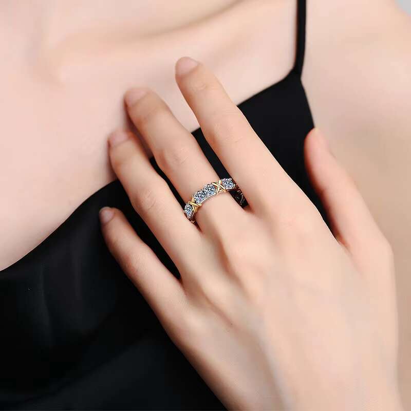 S925 Pure Silver Moissanite Ring Elegant Two-Tone Eternity Band Design Classic Cross Two-Color Row Proposal Weddings