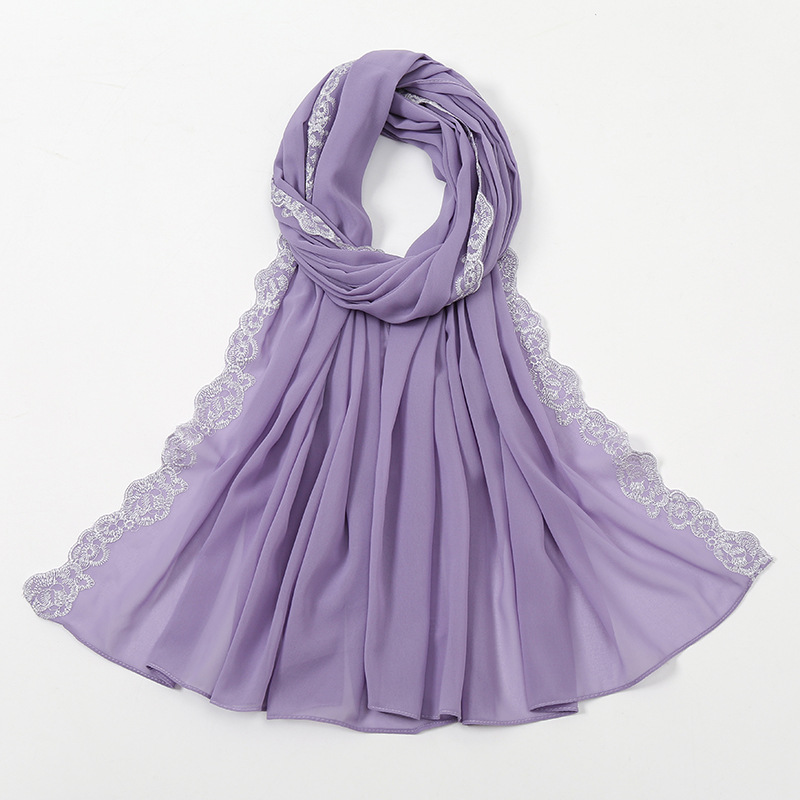 K878 New style pure color pearl chiffon fashion lace edge headscarf for women Foreign trade hot sale ethnic style simple versatile scarf