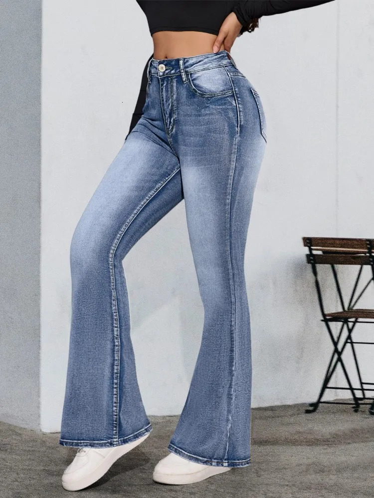 Blue fashionable elastic flared jeans 250530