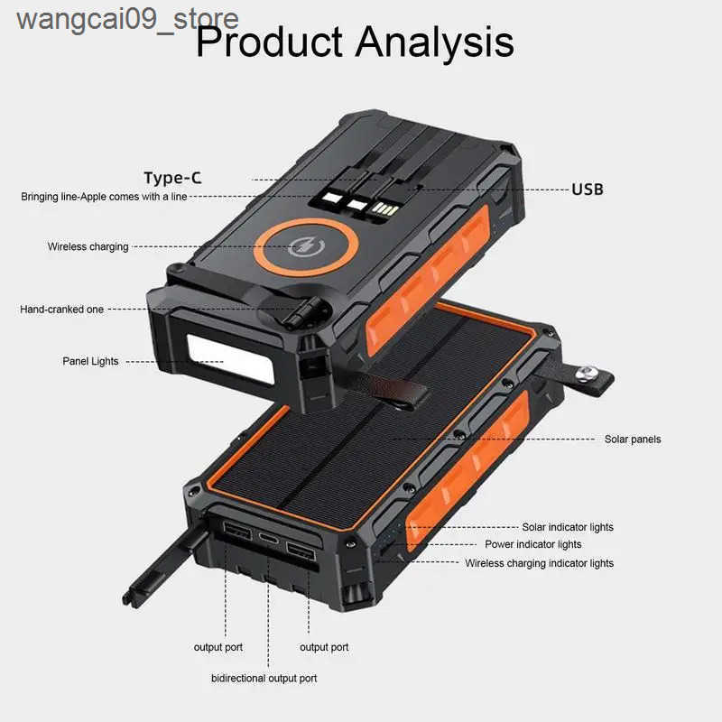 Solar Power Bank Hand-Cranked Battery Bank Charger With LED Light Foldable Powerbank Built-In SOS Alarm Function And Compass For z250530