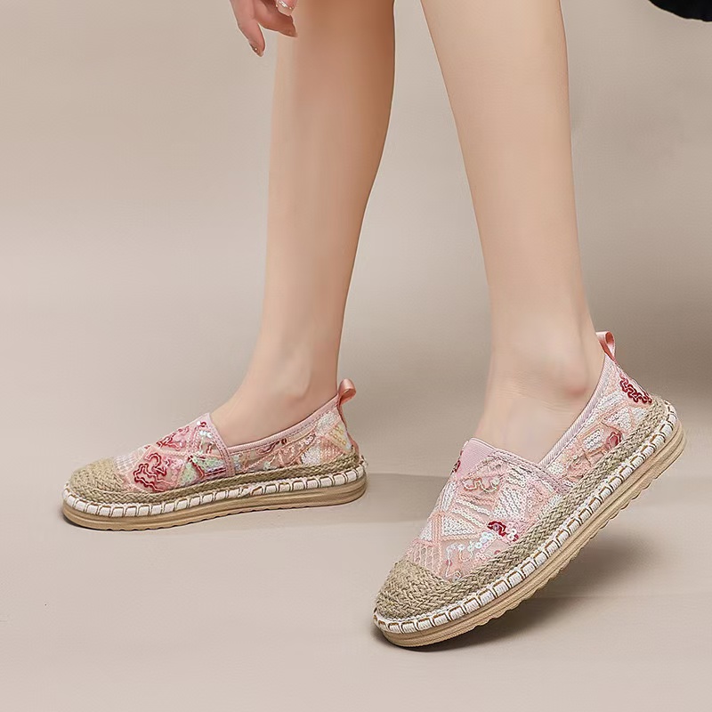 Flax Oriental retro breathable Loafers Faux pearls detail espadrille flats Simple mesh canvas women shoes 7c52 1ab6