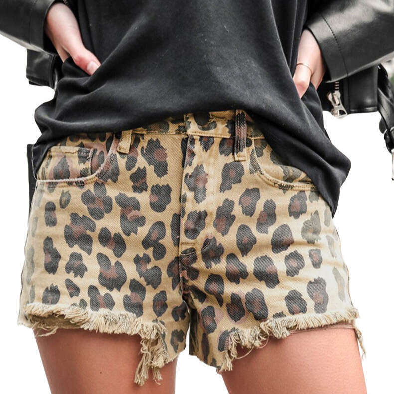 Shorts Women Denim Shorts Summer New Leopard Print Distressed Frayed High Waist Denim Shorts For Women Jean Shorts
