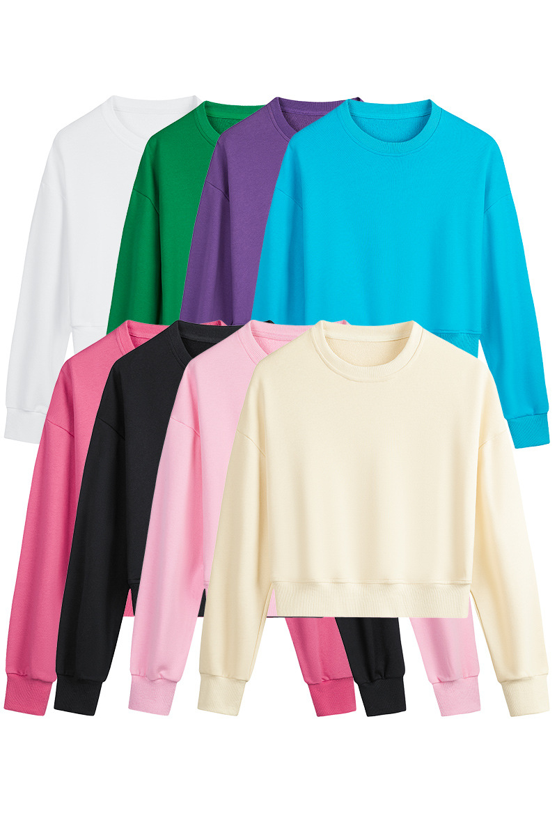 LL1506 Short Sweatshirt Women Spring and Autumn Thin Loose Solid Color Round Neck Long Sleeve Jacket Student Tops