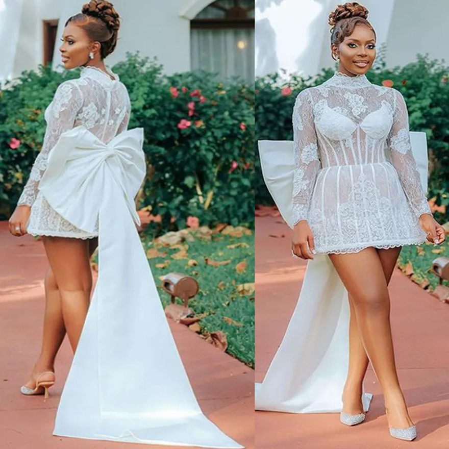 2025 Short African Wedding Dress Bridal Gowns For Bride Illusion Long Sleeves High Neck Beaded Lace Pearls Plated Wedding Gowns For Black Women Marria