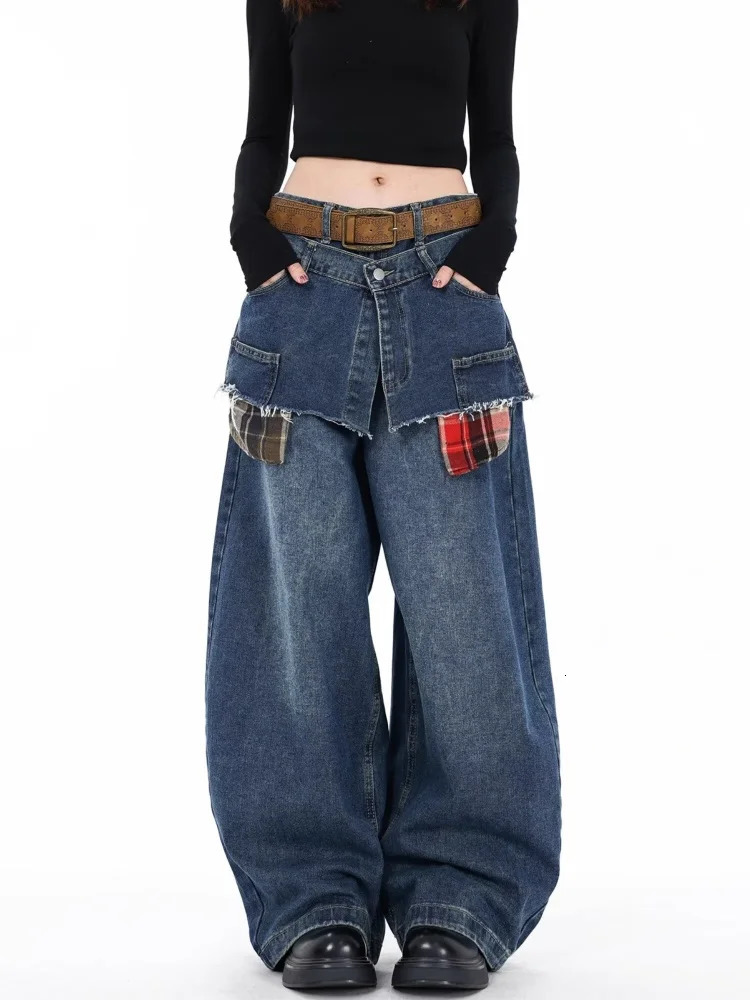 Ropa Y2K Streetwear Plaid Patchwork Baggy Stacked Jeans Pants For Women Clothing Vintage Blue Wide Leg Lady Denim Trousers 250530
