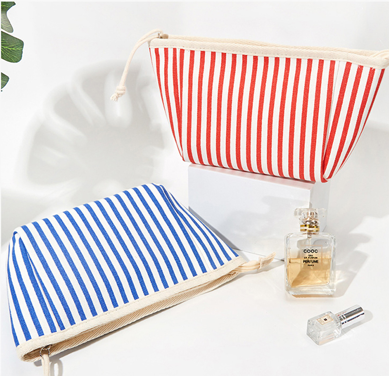 DHL50pcs Cosmetic Bags Women Canvas Red Blue Striped Printing Multifunctional Protable Travel Makeup Bag Mix Color