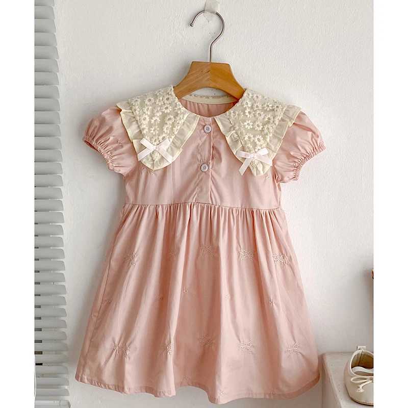 2025 Summer Baby Girl Dress Pink Baby Girl Clothing Lace Collar Cotton Princess Dress Embroidery Bow Toddler Baby Girls Dress R250530