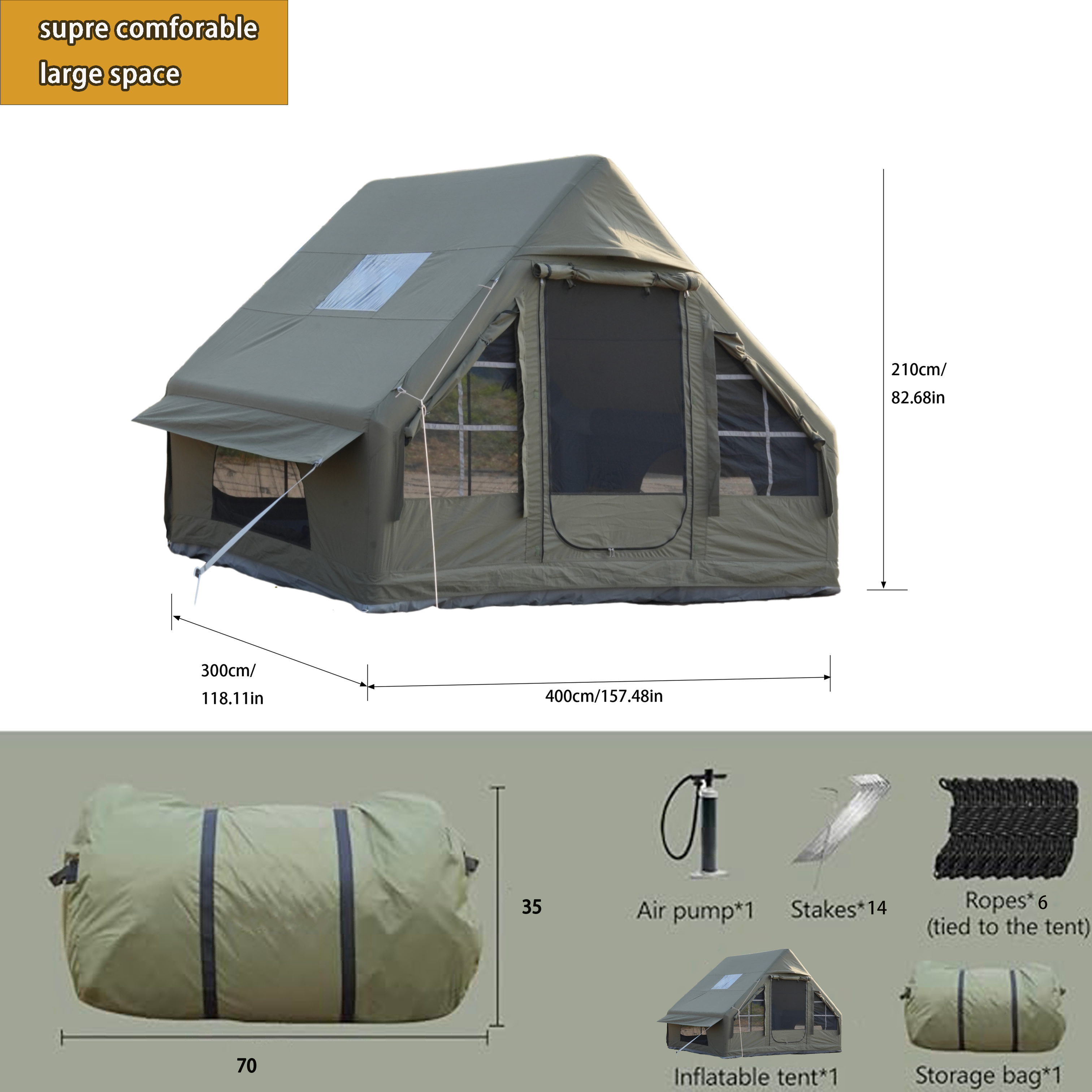 Military Green Inflatable Tent for Outdoor Camping - Size: 6.3 Square Meters