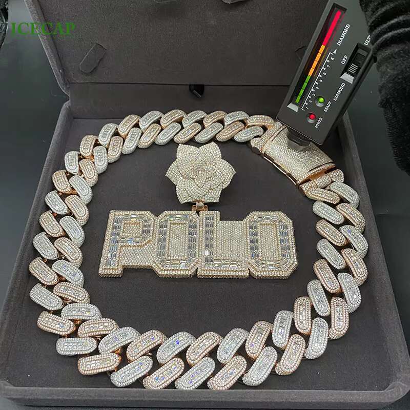 Iced Out Hiphop Men Sterling Silver 925 Jewellery VVS Moissanite Chain Baguette Diamonds Cuban Chain 26MM Two Tone Necklace