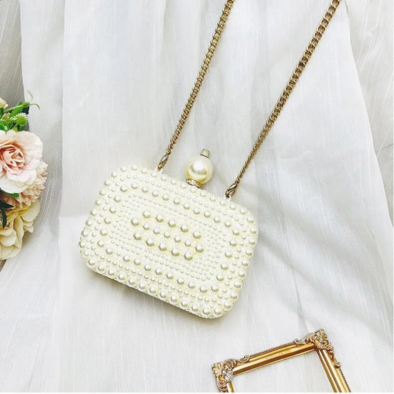White Pearl Chain Shell Bag Genuine leather Handmade Women Square Clutch Evening Bag Size 15.5*11*5.5 250526