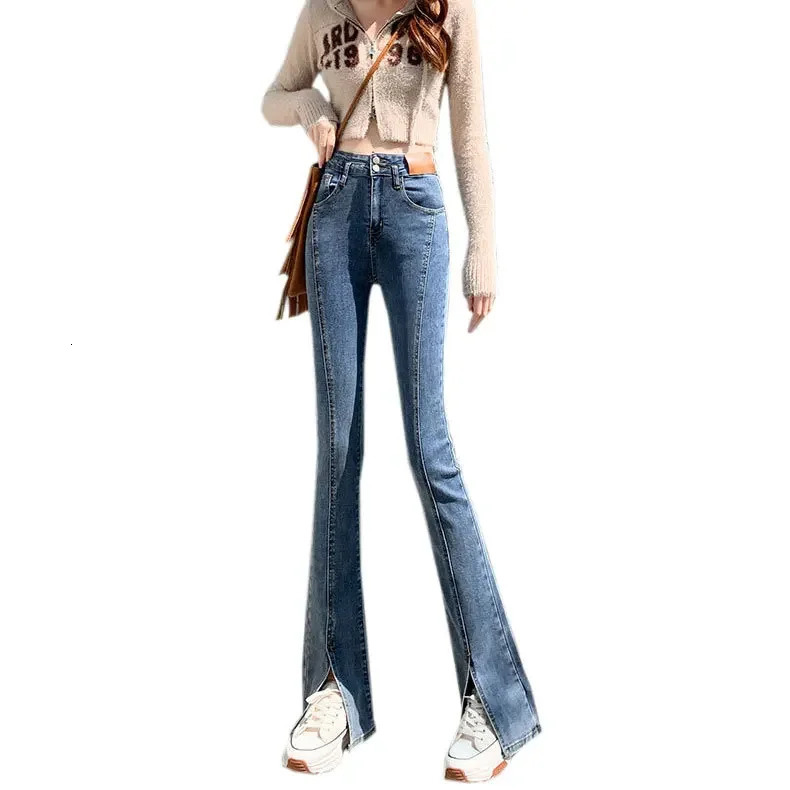 High Waist Straight Leg Slit Elastic Micro Flared Denim Jeans Women Early Spring Floor Length Ankle Boots Pants Female 250530