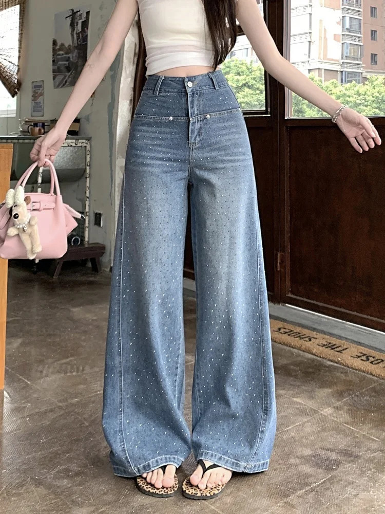 Y2K Fashion Fix Rhinestone Blue Baggy Jeans Pants For Women Clothing Wide Leg Lady Denim Trousers for Women 250530