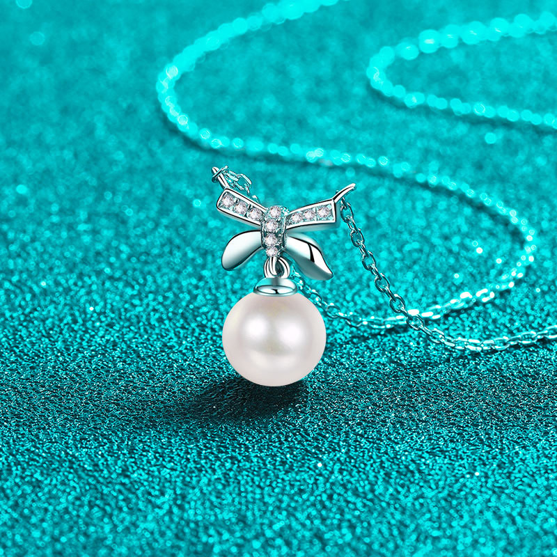 S925 Sterling Silver Moissanite Pearl Bow Pendant Clavicle Necklace Sweet Cute Girlish Minimalist Fashionable High-End Jewelry