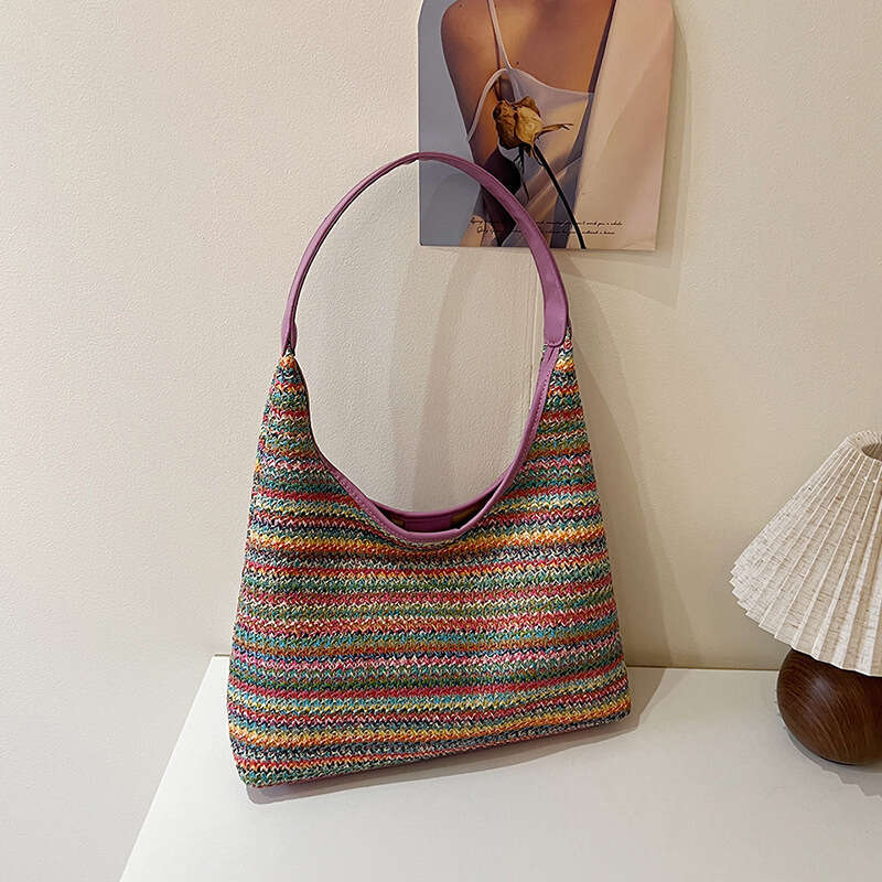 2025 New Summer Bag Bucket Large Capacity Handbag Underarm Shoulder Bag Vacation Beach Rainbow striped knitted bag