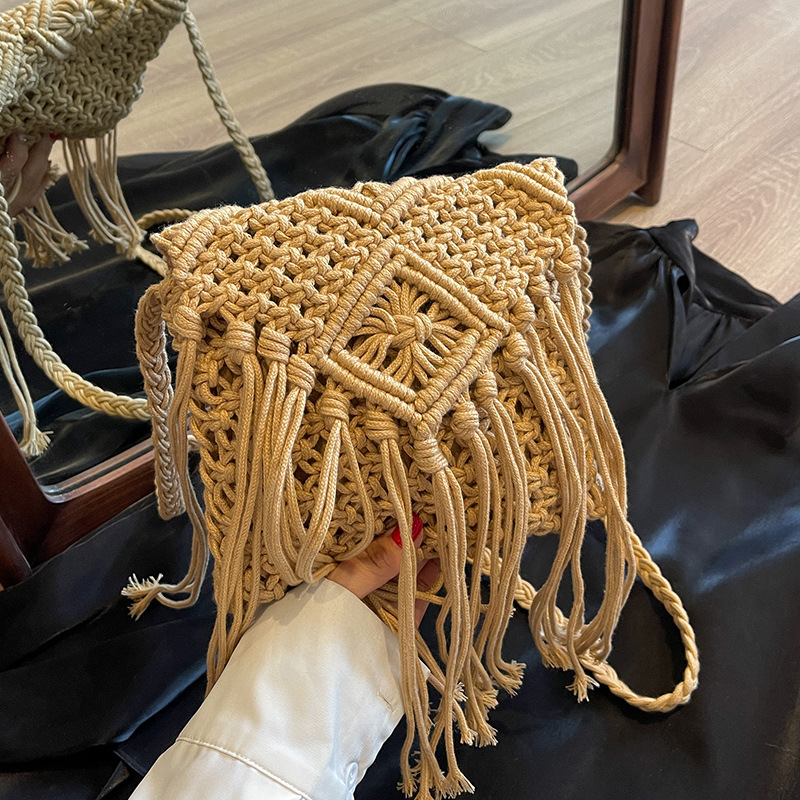 F12 Elegant Striped Canvas & Rattan Fusion Design Ladies' Beach Sling Bag | Versatile Unisex Crossbody Purse