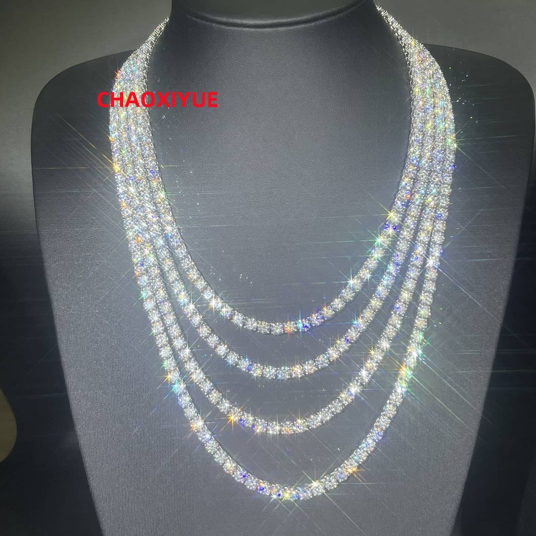 Hip Hop Iced Out 925 Sterling Silver 3mm 4mm 5mm Moissanite Diamond Tennis Chain Necklace