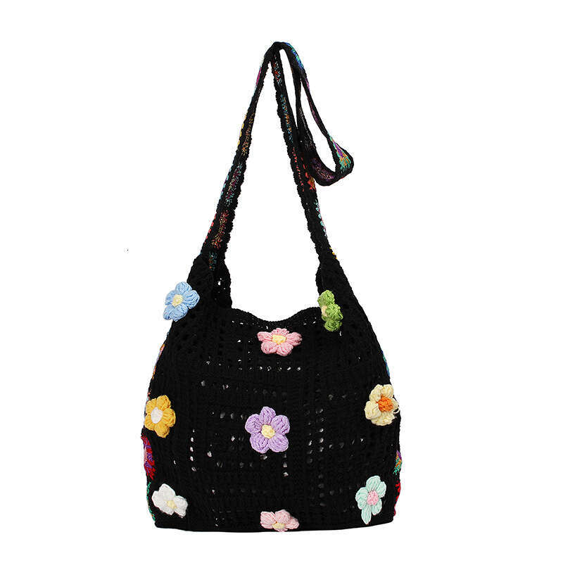 Women's Summer 2025 New Patchwork Knit Ethnic Style Literary Floral Shoulder Beach Bag