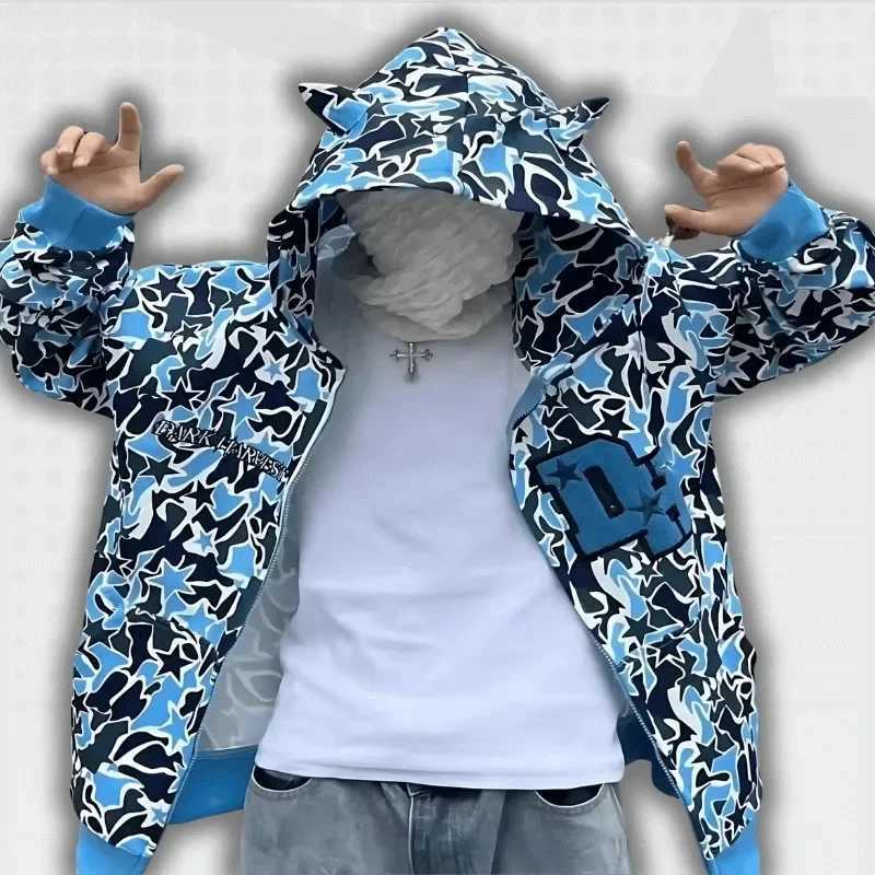 Harajuku Full Zip Camo Hoodies Top Corner Design Oversized Sweatshirt Men Women Jackets Streetwear Zip Up Hoodie Y2k Clothes W250530