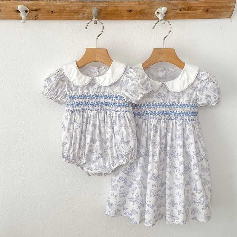 Sisters Dress Girls Sweet Dress Summer Childrens Blue Bow Casual Dress Baby Clothes Sweet Elegant Temperament Princess Dress R250530