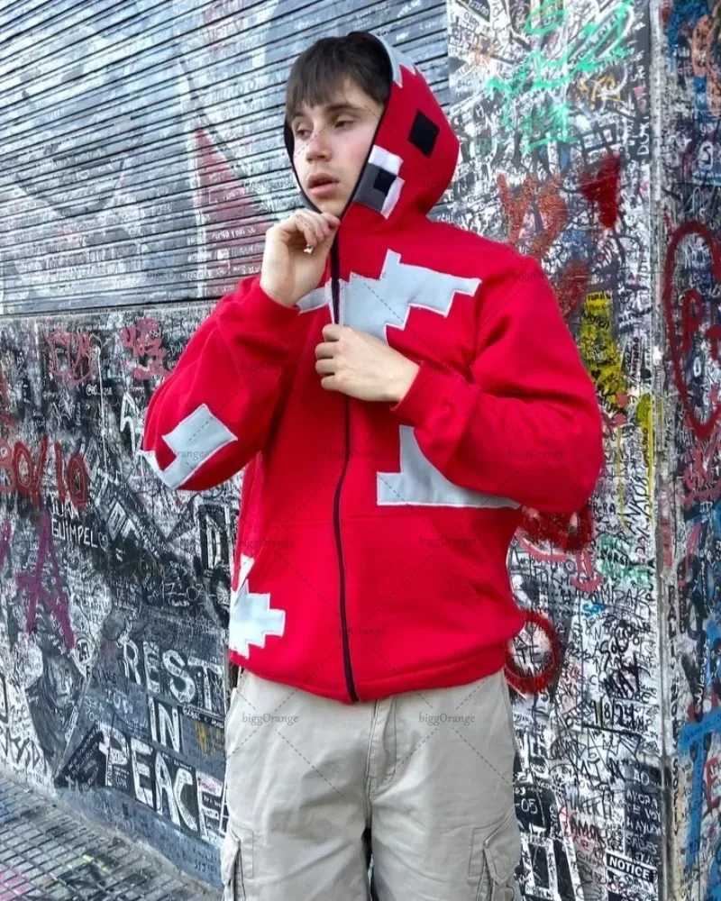 Harajuku Hip Hop High Street Punk Oversized Zipper Hoodie Men Y2k 2025 American Retro Gothpunk Casual Fashion Sweatshirt Women W250530