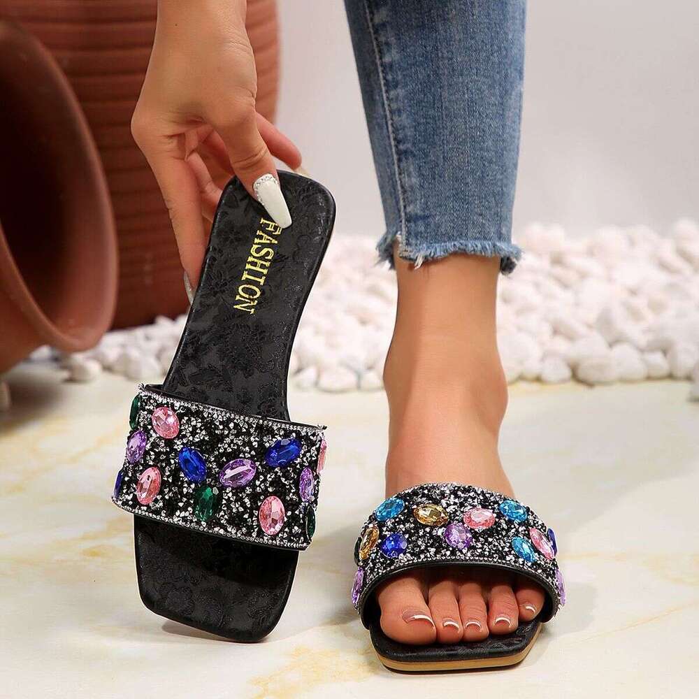 Designer Sandals, Large Flat Slippers, Women's Casual Outerwear, Round Head, One Word Water Diamond, One Step Stepping Lazy Slippers, Free Shippi
