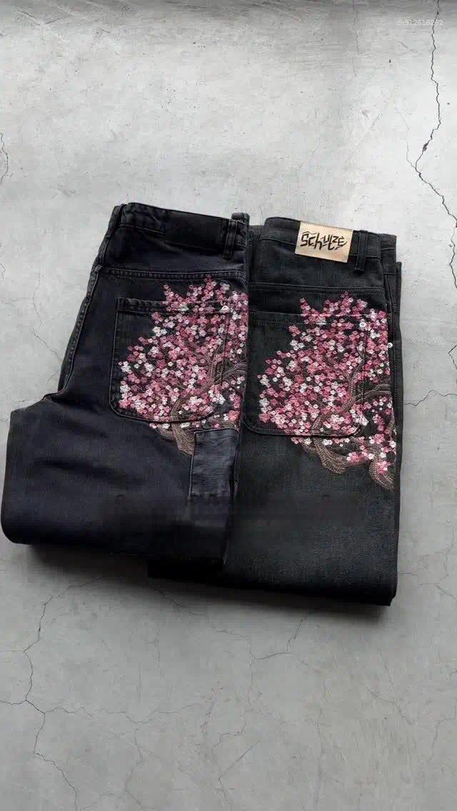 Men's Jeans Derschutze Patchwork Cherry Blossom Embroidery Denim Pants Y2k Vintage Women Baggy Straight Wide Leg Street Men Clothes