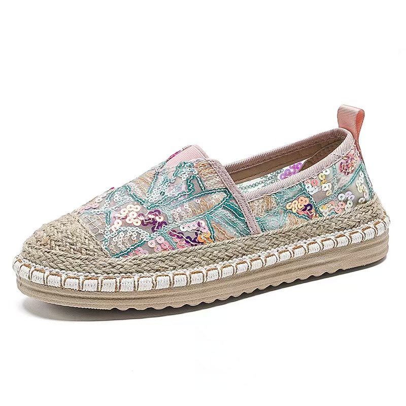 Flax Oriental retro breathable Loafers Faux pearls detail espadrille flats Simple mesh canvas women shoes 7c52 1ab6