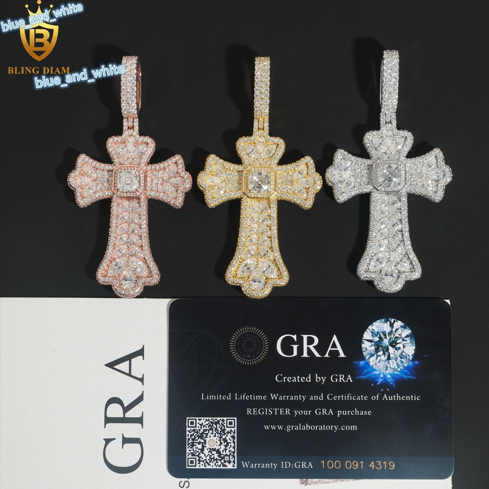 Blingdiam New Arrival Hip Hop Jewelry Vvs Moissanite 925 Sterling Silver Iced Out Cross Pendant Gra Certificate